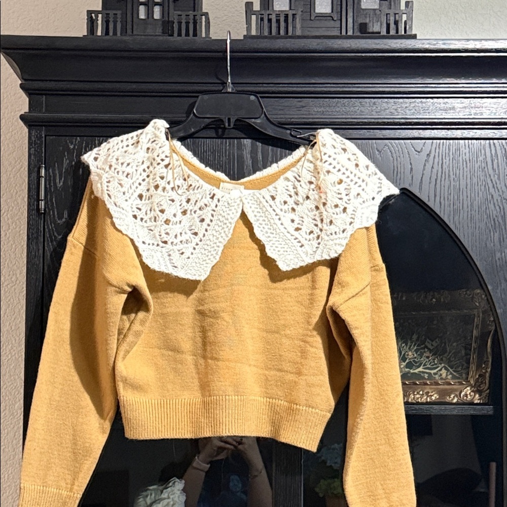 Cropped Sweater with Crochet Collar